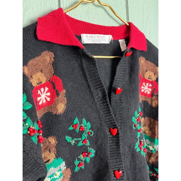 Vintage 90s Teddy Bear Christmas Cardigan Sweater PS Black Red Heart Embroidered - Picture 6 of 7